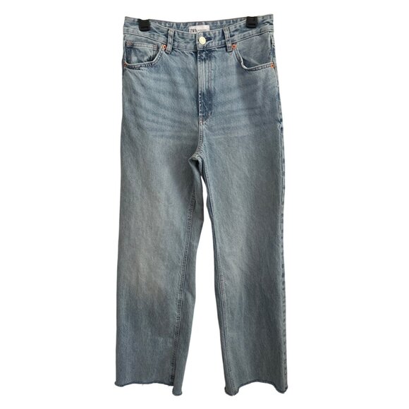 Zara Vintage Style Light Blue High-Waisted Wide-Leg Raw Hem Jeans Size 8 - Picture 1 of 6